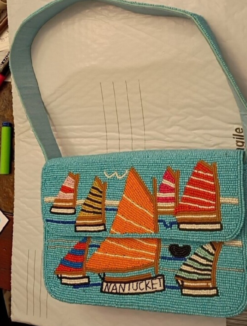 Beaded Nantucket Sailboat Crossbody Bag in Turquoise